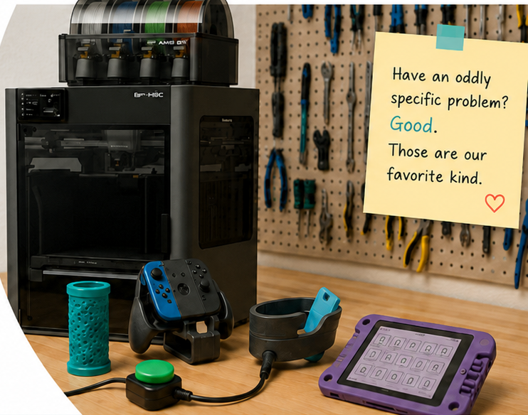 3D printer and examples of adaptive tools on a maker workbench, with a note reading: Have an oddly specific problem? Good. Those are our favorite kind.